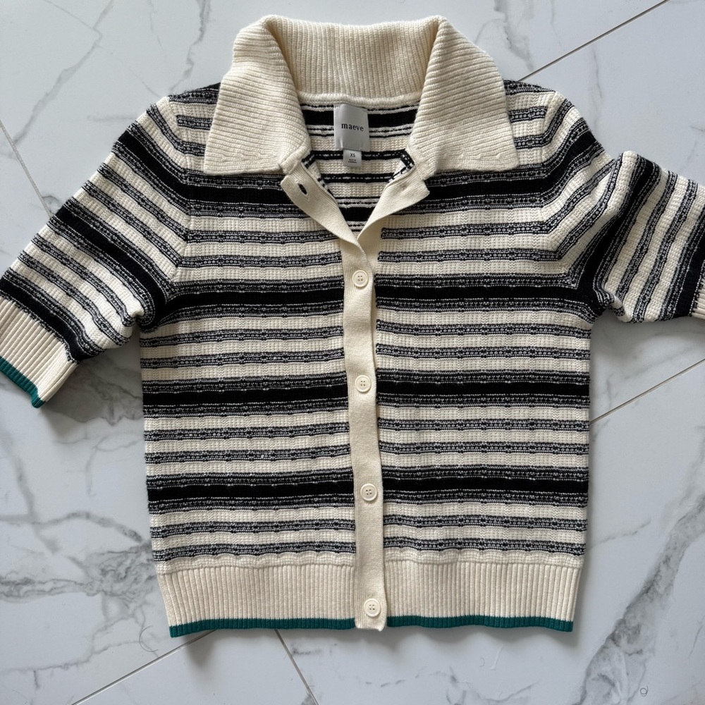 ANTHROPOLOGIE Striped Cardigan Sweater with Green Detailing. By MAEVE